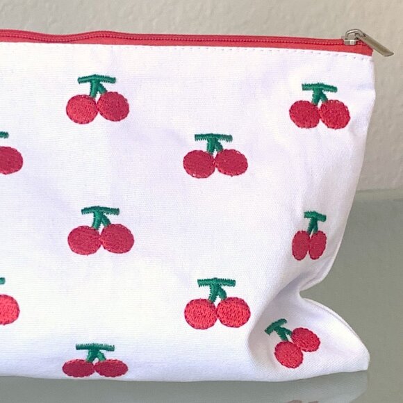 White Cotton Embroidered Red Cherry Cherries Zippered Pouch Cosmetic Travel Bag - Picture 2 of 7